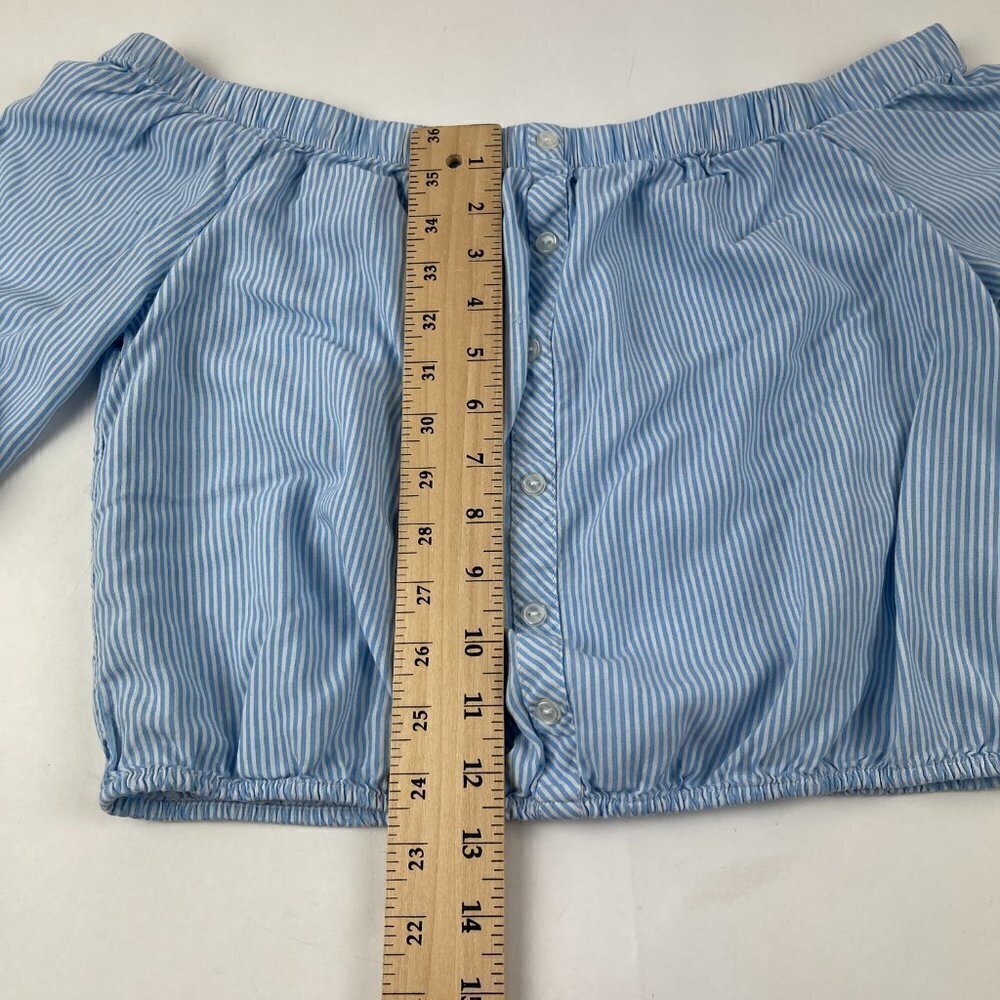 Ambiance Shirt Womens Medium Blue White Striped Off Shoulder Short Sleeve - Picture 5 of 9